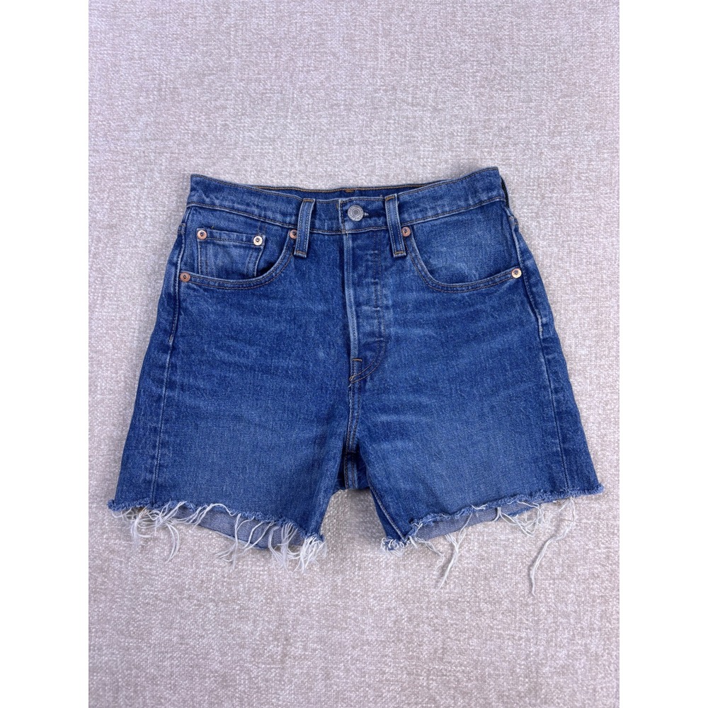 Levis Premium 501 Original High Rise Denim Cut Off Shorts Medium Wash 25